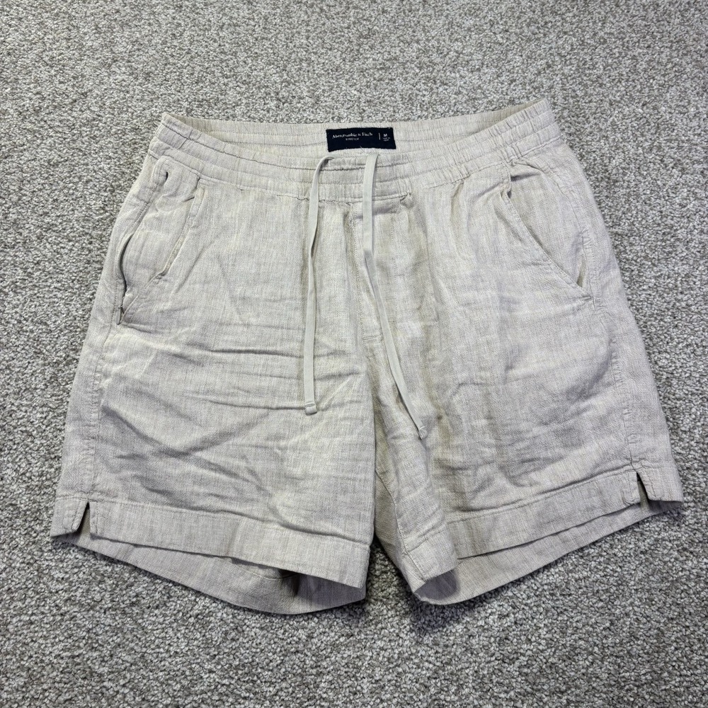 Abercrombie & Fitch Shorts Mens Medium Beige Linen Chino Elastic Waist 5 Inseam